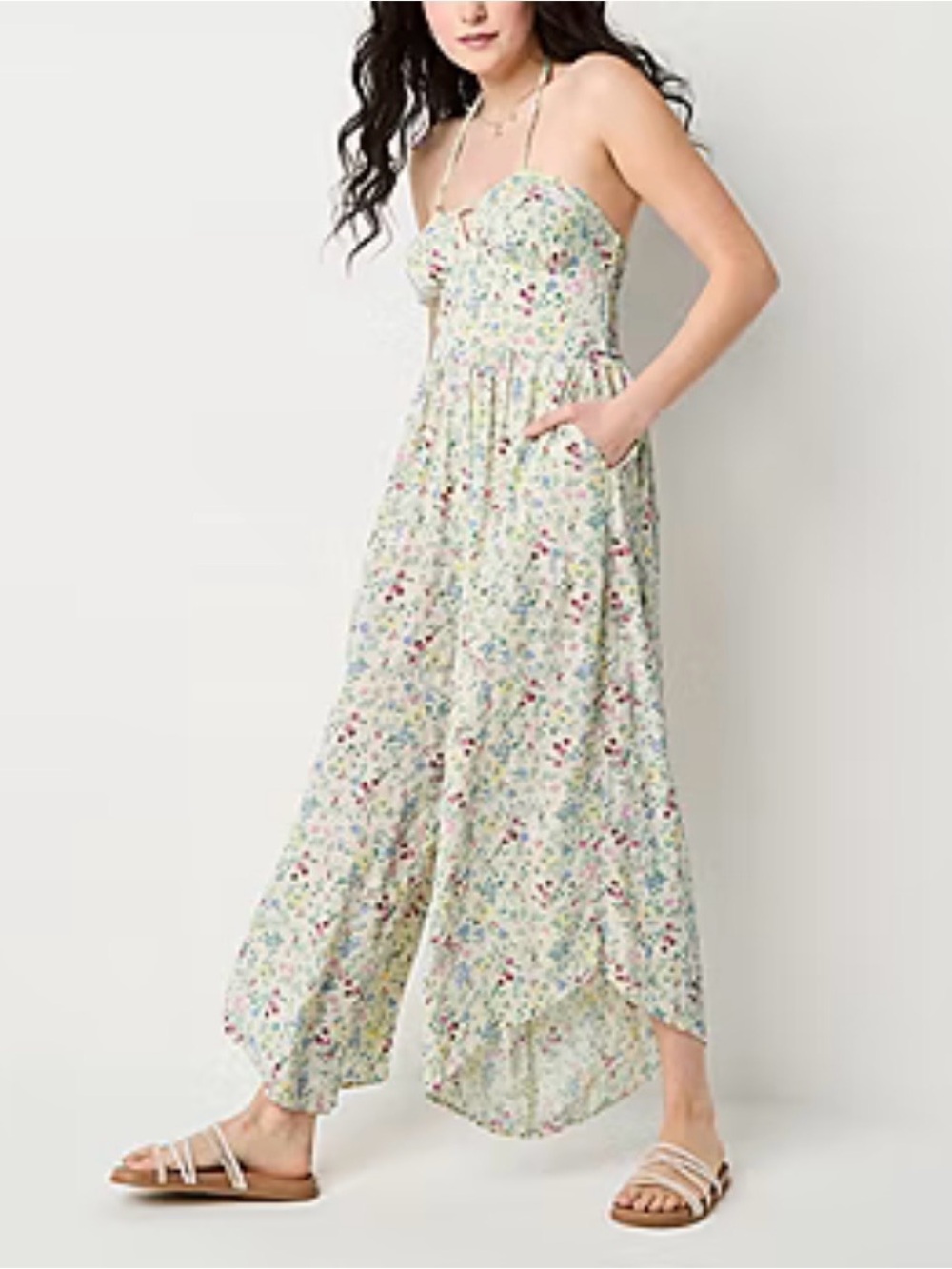NWT Arizona Floral Halter Jumpsuit Small Cream Cottagecore Wide Leg Smocked Back